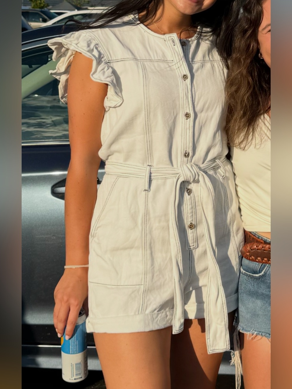 TALULAH Cream Tie-Waist Short Romper with Ruffle Sleeves